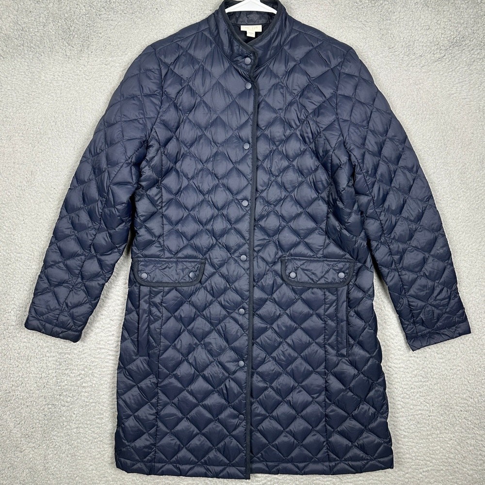 J. Jill Jacket Womens Small Diamond Quilted Navy Blue Down Fill Puffer Long Coat